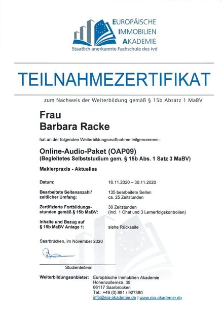 Teilnahmezertifikat Europäische Immobilien Akademie: Maklerpraxis Aktuelles, November 2020